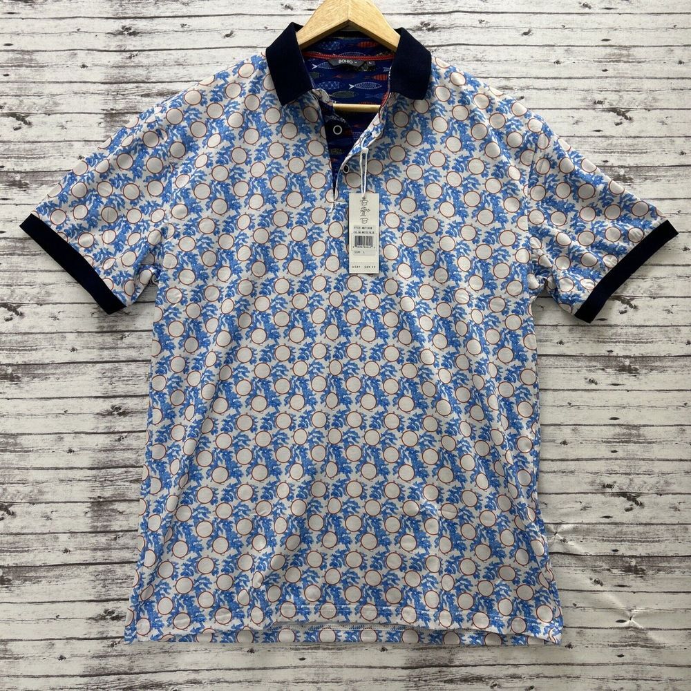 Bohio Breeze Polo Shirt Men's Size Large Fishing Theme Golf Stretch NEW